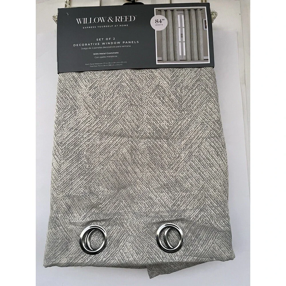 Willow & Reed Set 2 Curtain Panels Gray Geometric Grommet 84” Long